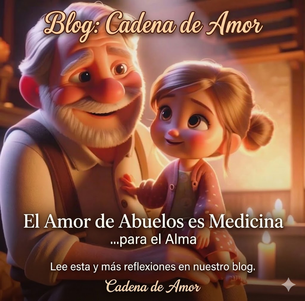 Ilustración de abuelo y nieta con velas representando que el amor de abuelos es medicina para el alma.